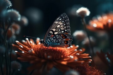 Naklejka na ściany i meble Butterfly on a flower in the garden. Selective focus, generative Ai