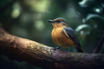 Beautiful little bird on a branch in the rain in the forest, generative Ai