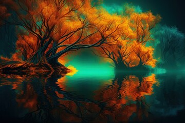 Fototapeta na wymiar Fantasy landscape with lake, trees and reflection in water. Digital illustration, generative Ai