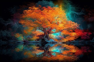 Fototapeta na wymiar Autumn tree with reflection on water. Illustration of autumn tree, generative Ai