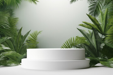 White podium in tropical forest for product presentation, generated ai