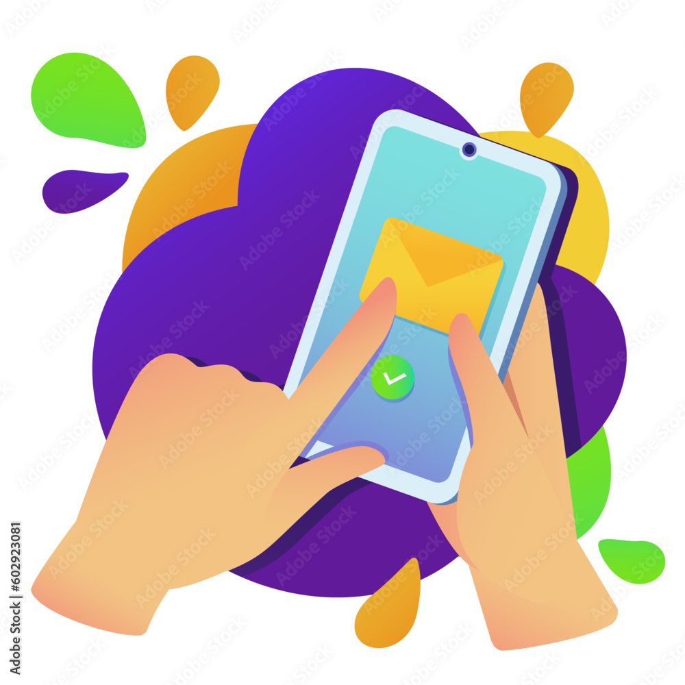 Poster hands with phone. character checks message in smartphone. business correspondence and communication 