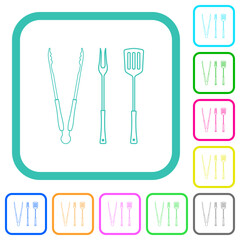 Barbecue tongs and fork and spatula solid vivid colored flat icons