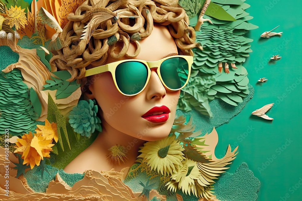 Wall mural An illustration of an ad with a beach and a woman in sunglasses on a green background, in the style of surreal collage landscapes, made of cardboard. Generative AI