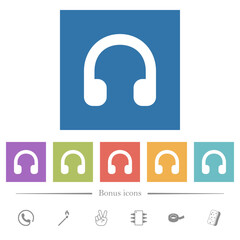 Earphones flat white icons in square backgrounds