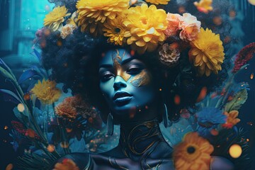 Digital illustration of a female portrait of an African American woman with colorful flowers. Generative AI