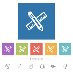 Pencil and ruler flat white icons in square backgrounds