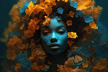 Digital illustration of a female portrait of an African American woman with colorful flowers. Generative AI