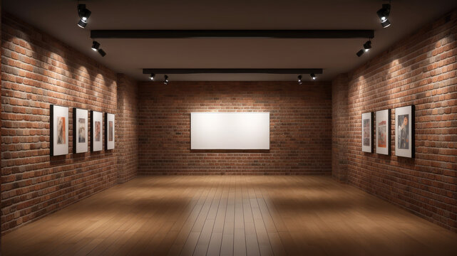 Empty and nobody gallery room with white clear picture wooden frame sample for mockup and billboard. Red brick wall and spot lights in the background, 8k, realistic photo, high detailed. Generative AI