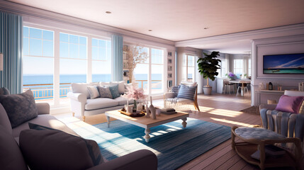 Obraz na płótnie Canvas beach house interior design, coastal interior design. Generative AI