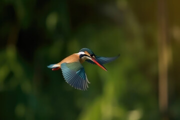 Javan kingfisher flying on background