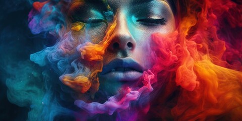 Art portrait of beauty model woman  with colorful smoke. Smoking girl, close up. Night life concept. Soft liquid rainbow smoke, glowing, glamour, glimmer. Generative AI 
