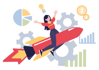 Woman at rocket. Young girl launches startup or business project. Successful businesswoman on background of graphs and diagrams. Entrepreneur and investor. Cartoon flat vector illustration