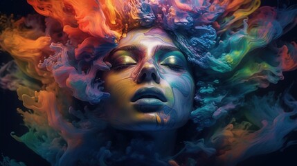 Art portrait of beauty model woman  with colorful smoke. Smoking girl, close up. Night life concept. Soft liquid rainbow smoke, glowing, glamour, glimmer. Generative AI 
