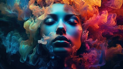 Art portrait of beauty model woman  with colorful smoke. Smoking girl, close up. Night life concept. Soft liquid rainbow smoke, glowing, glamour, glimmer. Generative AI 