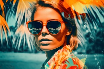 Fototapeta na wymiar Artistic Eyewear: Stunning Model with Unique Gaze Wearing Sunglasses on Summer Vacation, Generative AI