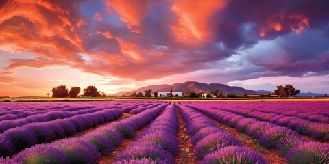 AI Generated. AI Generative. Photo realistic illustration of pink romantic farm lavendar field landscape. Graphic Art