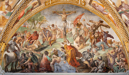 NAPLES, ITALY - APRIL 21, 2023: The fresco of Crucifixion in the church Certosa di San Martino by ...