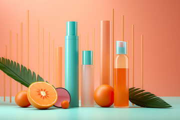 Beauty and Skincare Products: Summer Fresh, Trendy Minimalistic Design - Ecofriendly Packaging of Luxury Vegan, Natural, Organic Cosmetics - Moisturizer and Serum Bottles, Jars on 3D Background
