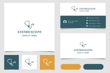 Stethoscope logo design with editable slogan. Branding book and business card template.