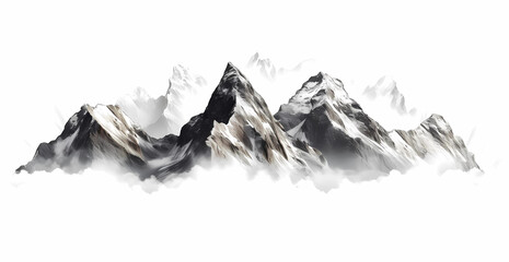 snow covered mountains on a white background, Generated AI