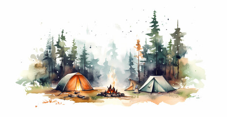 camping in the forest with tents, watercolor and cartoon style. Generated AI