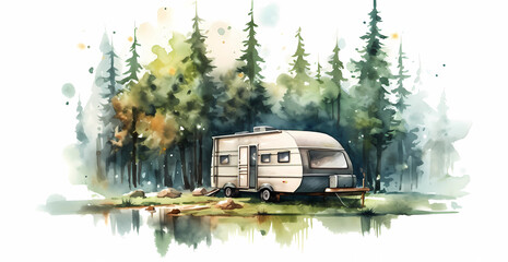 Camping caravan in the wilds at a lake based in cartoon and watercolor style, Generated AI - obrazy, fototapety, plakaty