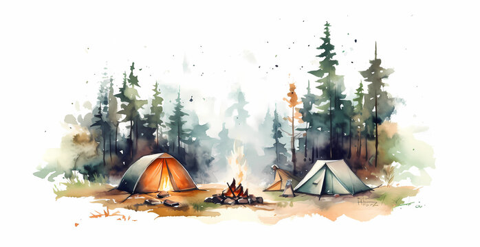 camping in the forest with tents, watercolor and cartoon style. Generated AI