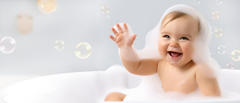 A smiling baby bathes or washes in a basin with foam bubbles. Generative AI