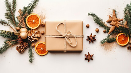 Composition with christmas gift in craft paper, dried orange and mandarin, anise stars, cinnamon, pine cones, fir branches on white background. Flat lay, top view, frame with copy space