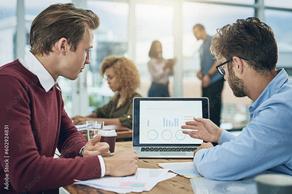 Poster Laptop, finance and data with a business team doing research together in their office for planning. Computer graph or chart with a man employee and colleague meeting to discuss financial strategy
