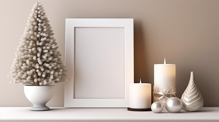 Empty photo frame with blank mockup template, candle, and christmas tree