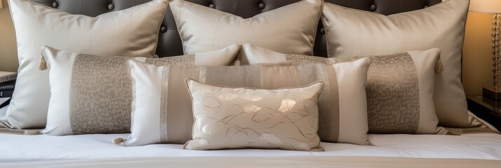 Bed maid-up with clean white pillows and bed sheets in beauty room. Close-up. Lens flair in sunlight,image ai generate
