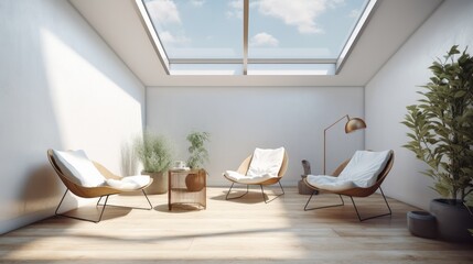 Fototapeta premium home interior design terrace balcony modern natural style wooden furniture and element sunrise morning day time , image ai generate