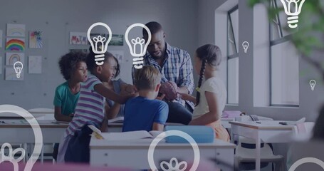Animation of light bulbs over diverse male teacher and pupils studying brain model in class - Powered by Adobe