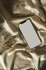 Flatlay mobile phone, dry grass stems on gold crumpled textile blanket background. Aesthetic...