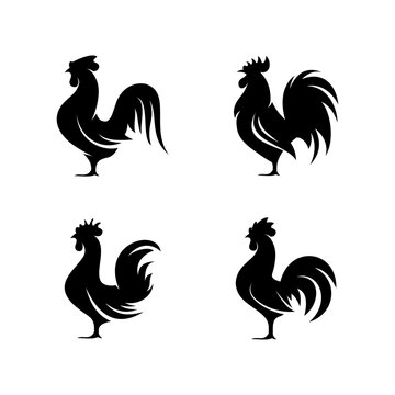 set of rooster icon silhouette illustration vector, flat rooster symbol collection