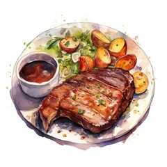 Grilled beef steak and potatoes on plate, top view. Generative AI