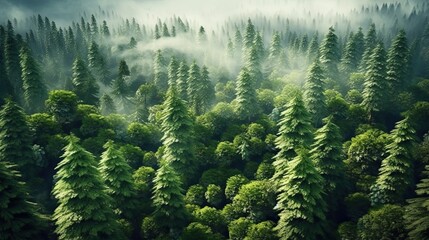 Aerial view of green summer forest with spruce and pine trees. Generative AI