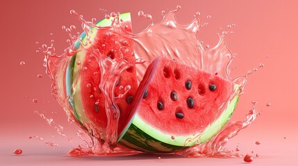 Watermelon fruit in juice splash flow. Illustration of juicy watermelon slice. Natural fresh food. Generative AI