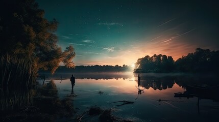 Fototapeta na wymiar Long exposure of twilight sky and people silhouettes at the lake. Generative AI