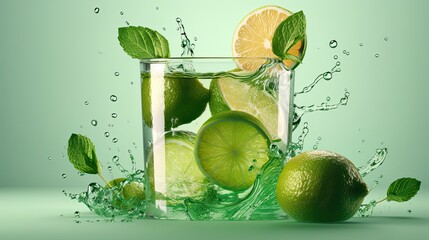 Lime fruits in water splash flow. Illustration of juicy product with lime slices. Natural fresh food. Generative AI