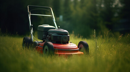 Lawn mower on a green grass. Background of garden lawnmower. Equipment for grass mowing. Generative AI