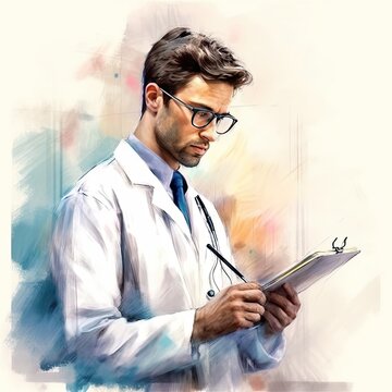 Male doctor with stethoscope in uniform taking notes to clipboard in hospital corridor. Generative AI