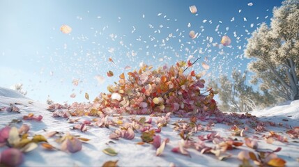 Fototapeta na wymiar Pink flower petals flying on snow background. wind petals. Wind whirls the flower leaves illustration. Generative AI