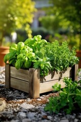 Fototapeta na wymiar Wooden crate with a variety of fresh green potted culinary herbs like rosemary and basil growing outdoors in the garden. Generative AI
