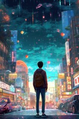 Obraz na płótnie Canvas Man looking at the city at twilight time. Generative AI