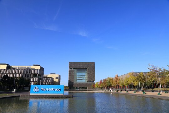 ESSEN, GERMANY - SEPTEMBER 20, 2020: ThyssenKrupp company headquarters in Essen, Germany. ThyssenKrupp is an industrial conglomerate, one of largest manufacturers of steel worldwide.