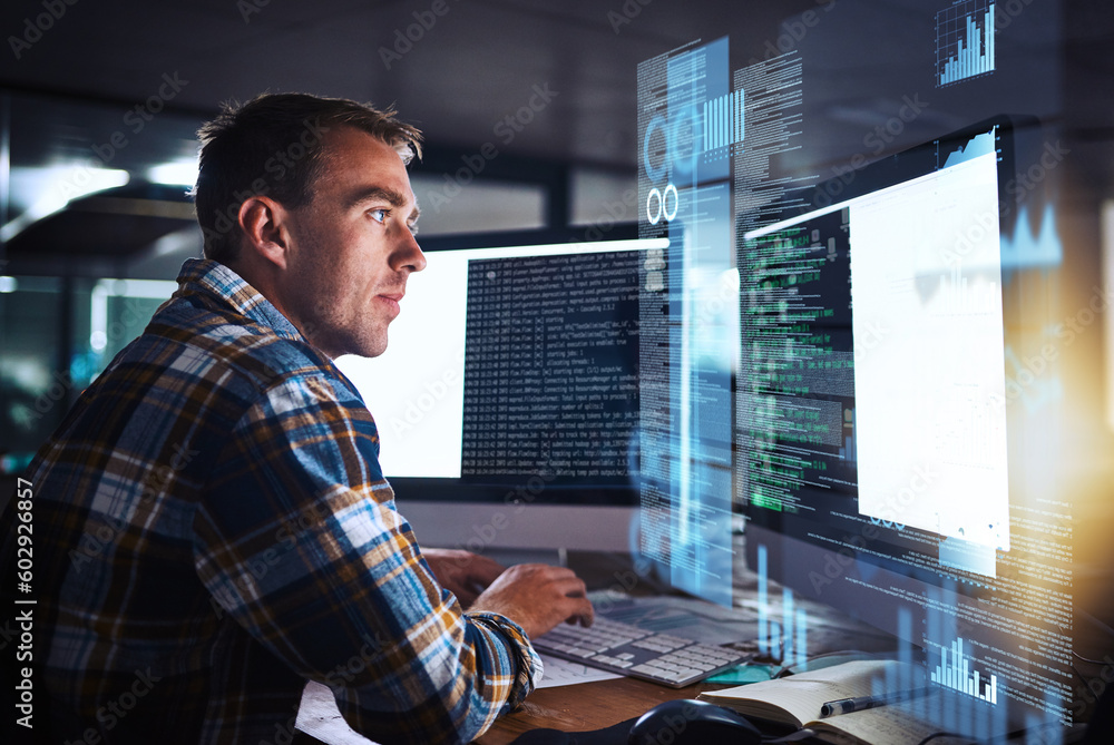 Poster Developer, man and programmer code on computer screen with cybersecurity hologram, analytics and seo or working at night. Technology, coding and hacker on dark software, safety and iot password