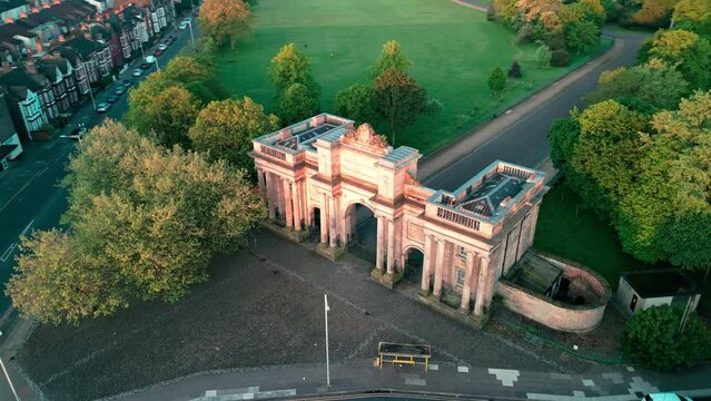 Birkenhead Park, upon which Central Park NY is based - Aerial drone at dawn, Grand Entrance anti-clockwise pan - May 23